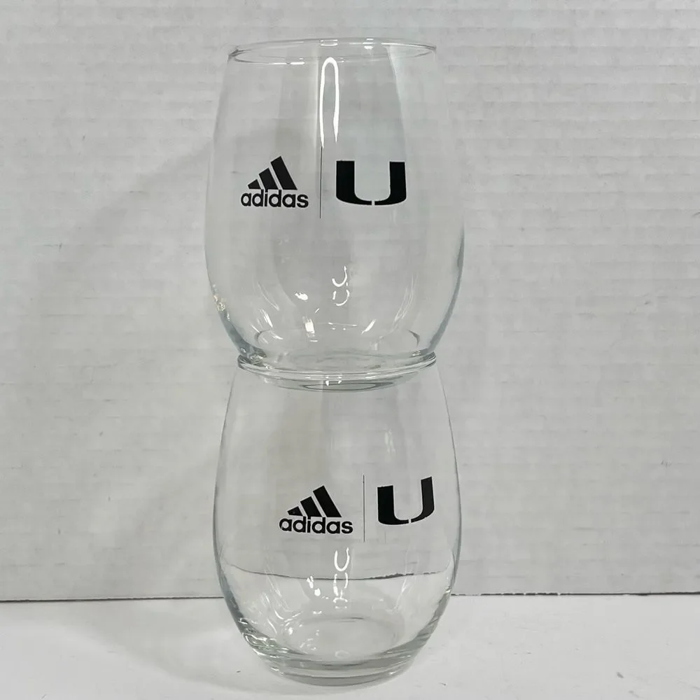 Adidas University of Miami Hurricanes Stemless Wine Glasses UM Clear Set of 2